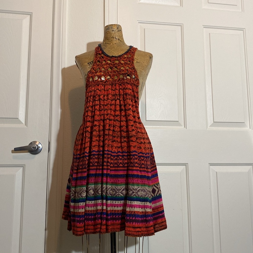 FREE PEOPLE Rare Red Hearts Tunic Sweater Dress Santa Fe xs knit boho Y2K